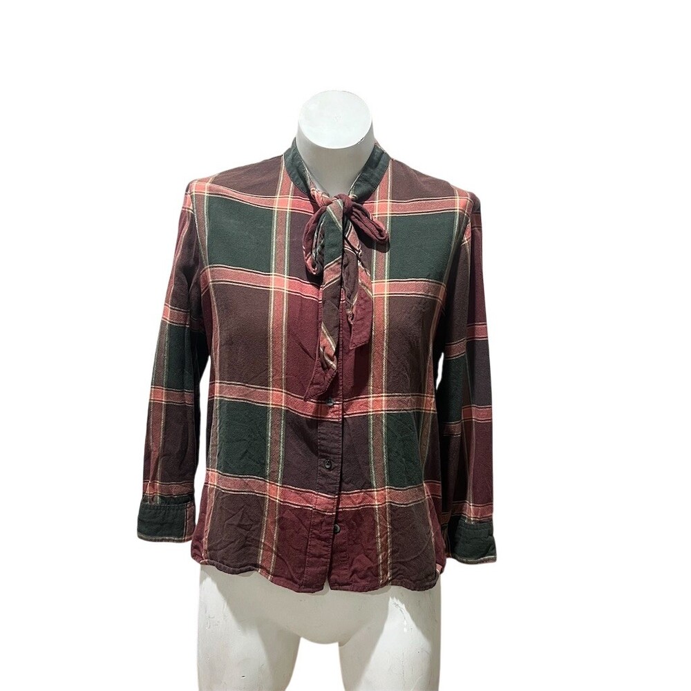 Madewell Blouse Womens Size M Multicolor Plaid Tie-Neck Button-Front